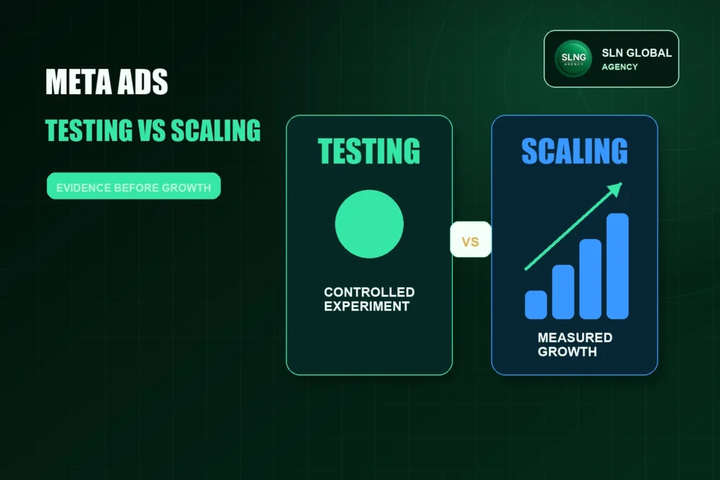 Split visual comparing Meta ads testing budget and scaling budget for ecommerce campaigns.