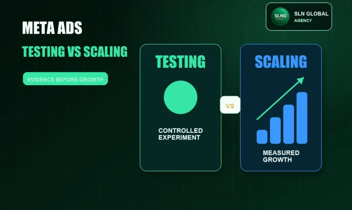 Split visual comparing Meta ads testing budget and scaling budget for ecommerce campaigns.