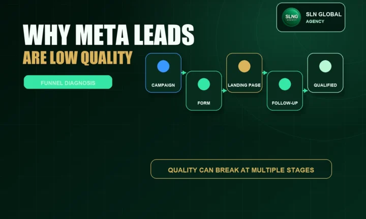 Lead funnel diagram showing campaign, form, landing page, and follow-up steps that affect Meta lead quality.