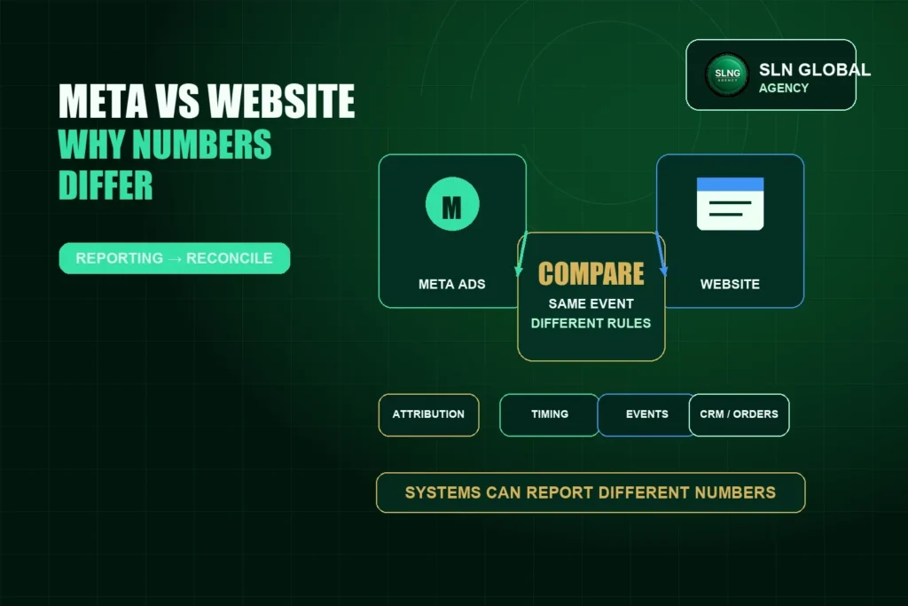 Illustration comparing Meta Ads reporting with website data and factors behind differences in reported numbers.