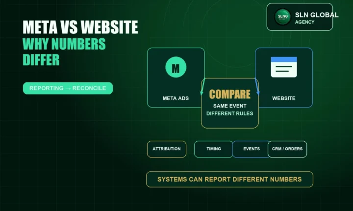 Illustration comparing Meta Ads reporting with website data and factors behind differences in reported numbers.